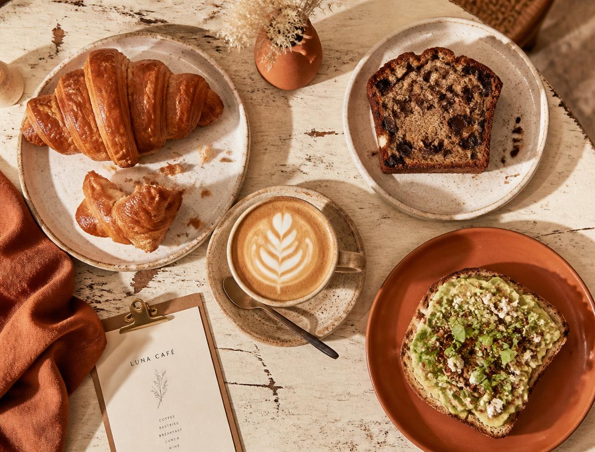 Cookies, tiramisu and a cappuccino on a café table at Cafe Inspire